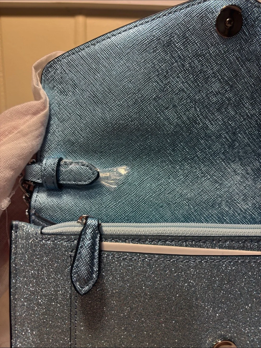 NWT Kate Spade Tinsel Flap Crossbody in Frosty Sky Blue – Incl Factory Packing!